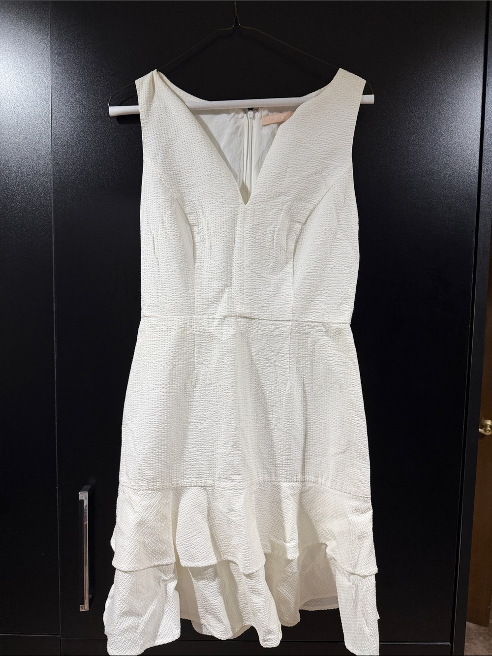 White V-Neck Ruffled Hem Dress